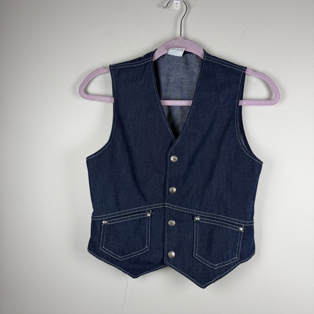 Billy The Kid Vest Boys Dark Blue Denim Snap Western Cowboy Size 14 VTG Rodeo